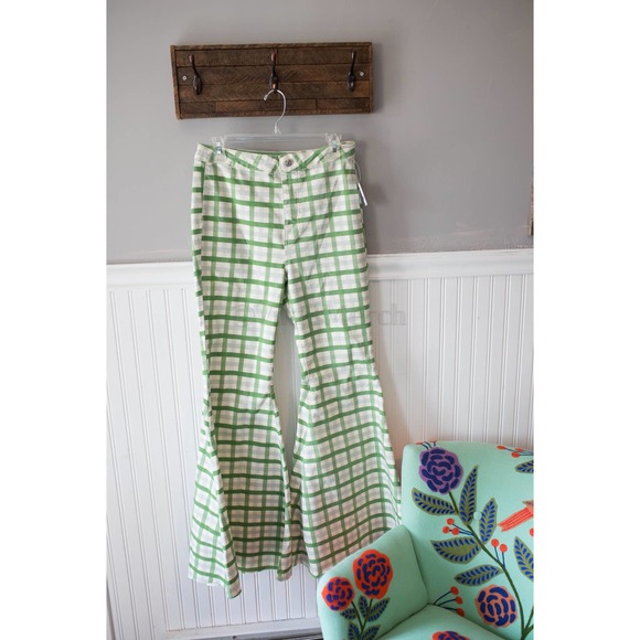 Free People Just Float On Printed Flare Jeans Green Plaid 27 or 32 NWT - Picture 2 of 6